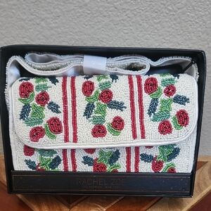 Rachel Zoe Beaded Clutch with Red and Green Floral Design